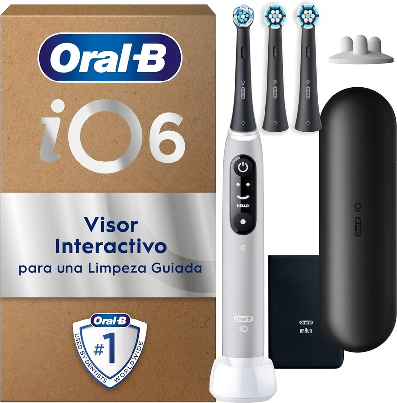 Oral-B ▫️ iO 6 Electric Toothbrush Grey With Rechargeable Handle, 3 Brush Heads and 1 Travel Case, 5 Brushing Modes With Teeth Whitening, Pressure Sensor, Designed by Braun