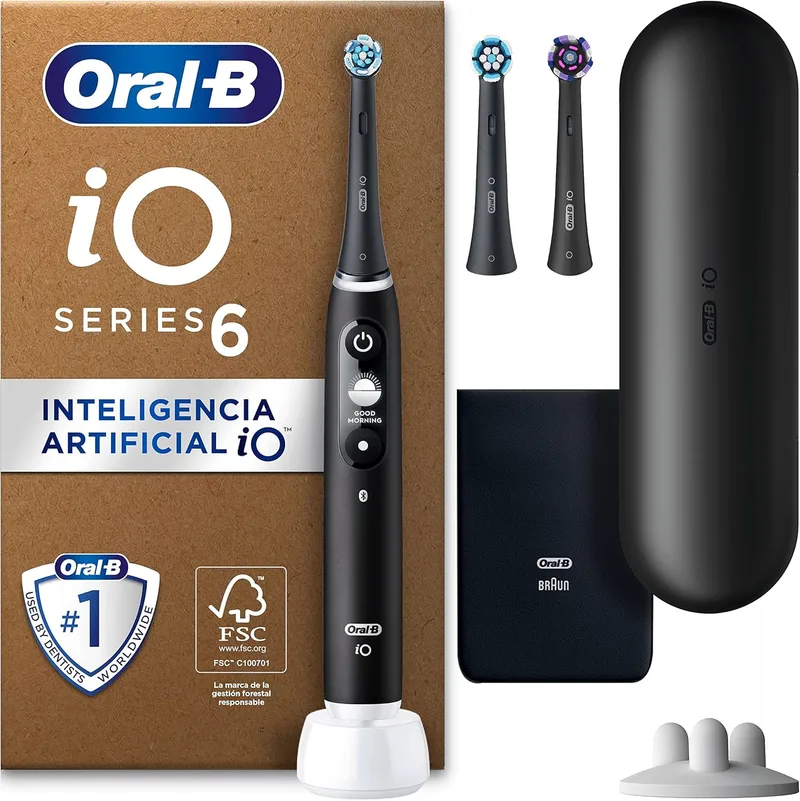 Oral-B ▫️ iO 6 Black Electric Toothbrush with Rechargeable Handle, 3 Brush Heads and Travel Case, 5 Brushing Modes with Tooth Whitening, Pressure Sensor, Designed by Braun