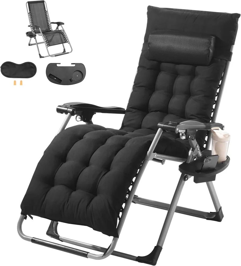 VEVOR ▫️ Zero Gravity Chair 645 mm Garden Recliner Terrace Lounger 226.8 kg Capacity Adjustable Anti-Gravity Lounger with Cushion Headrest Footrest Cup Holder, Black