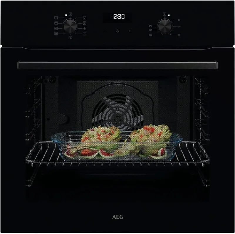 AEG ▫️ Forno Multifunções TU5AB20WSK, 72 L, Limpeza Aqua Clean, 7 programas, Ventilador XXL SurroundCook, Cozedura em vários níveis, Botões retráteis, Ecrã LED, Vidro preto