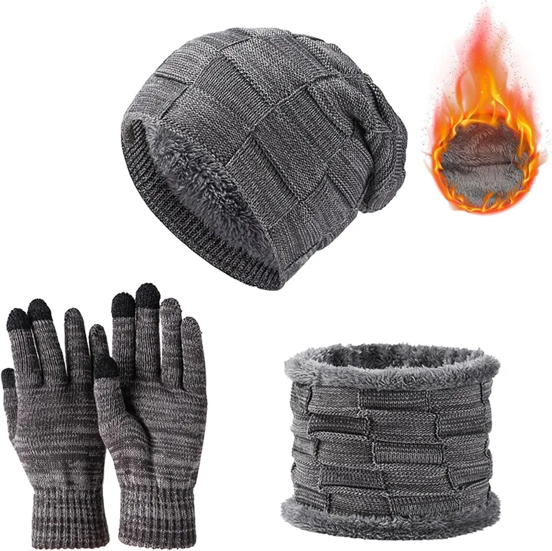 JXCTNNU ▫️ Conjunto de cachecol, chapéu e luvas térmicos de inverno Conjunto de malha 3 em 1 Cachecol Aquecedores Gorro Gorro Gorro Luvas tácteis para mulheres e homens