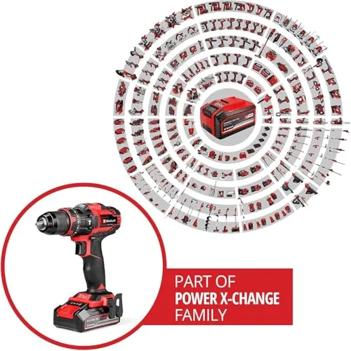 Einhell ▫️ Berbequim de percussão a bateria TE-CD 18/44 Li-i Power X-Change (18 V, 44 Nm, função de perfuração por percussão, porta-brocas metálico de 13 mm, 2 velocidades, inclui bateria de 2,5 Ah e carregador) 2