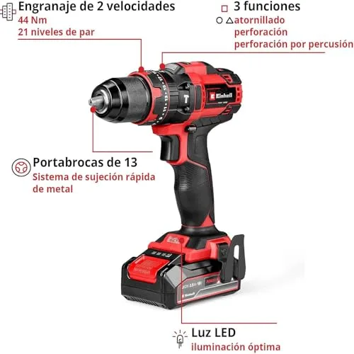 Einhell ▫️ Berbequim de percussão a bateria TE-CD 18/44 Li-i Power X-Change (18 V, 44 Nm, função de perfuração por percussão, porta-brocas metálico de 13 mm, 2 velocidades, inclui bateria de 2,5 Ah e carregador) 3