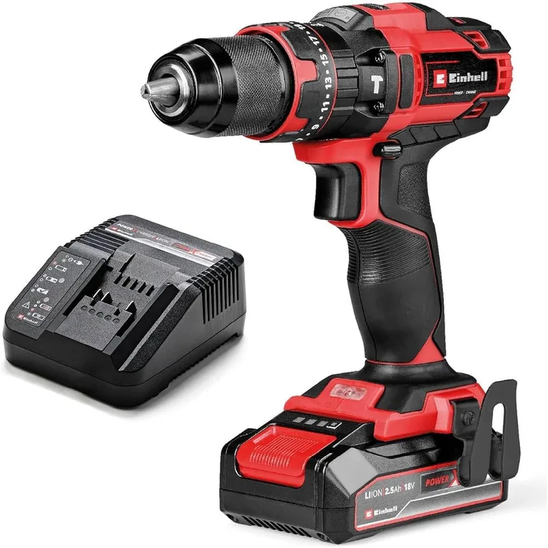 Einhell ▫️ Berbequim de percussão a bateria TE-CD 18/44 Li-i Power X-Change (18 V, 44 Nm, função de perfuração por percussão, porta-brocas metálico de 13 mm, 2 velocidades, inclui bateria de 2,5 Ah e carregador)