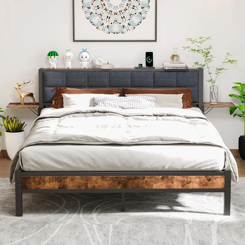 VERFARM ▫️ Cama estofada 140 x 200 cm, estrutura de cama individual de design com cabeceira, tabuleiro extraível para mesa de cabeceira e encosto estofado ergonómico, estrutura de cama 140 x 200 cm