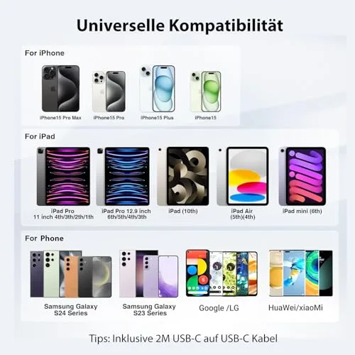 Qackenm ▫️ Carregador USB-C de 20 W com cabo USB-C de 2 m, carregador rápido, fonte de alimentação para iPad, ficha, compatível com o iPhone 16/15/iPhone 15 Plus/iPhone 15 Pro/iPhone 15 Pro Max/iPad e muito mais 7