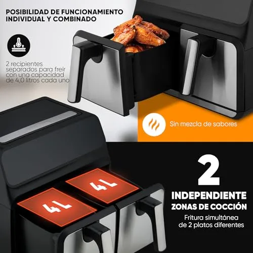 Profi Cook ▫️ Proficook, Fritadeira de Ar Quente com Dois Compartimentos de 8 L PC-FR1287H, 2 Recipientes de 4 L, Aço Inoxidável, 9 Programas Automáticos, Poupança de Energia, Desligamento Automático, Fritadeira de Ar 4