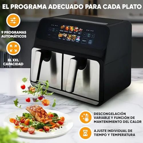 Profi Cook ▫️ Proficook, Fritadeira de Ar Quente com Dois Compartimentos de 8 L PC-FR1287H, 2 Recipientes de 4 L, Aço Inoxidável, 9 Programas Automáticos, Poupança de Energia, Desligamento Automático, Fritadeira de Ar 5