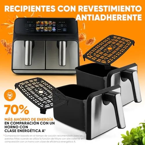 Profi Cook ▫️ Proficook, Fritadeira de Ar Quente com Dois Compartimentos de 8 L PC-FR1287H, 2 Recipientes de 4 L, Aço Inoxidável, 9 Programas Automáticos, Poupança de Energia, Desligamento Automático, Fritadeira de Ar 6