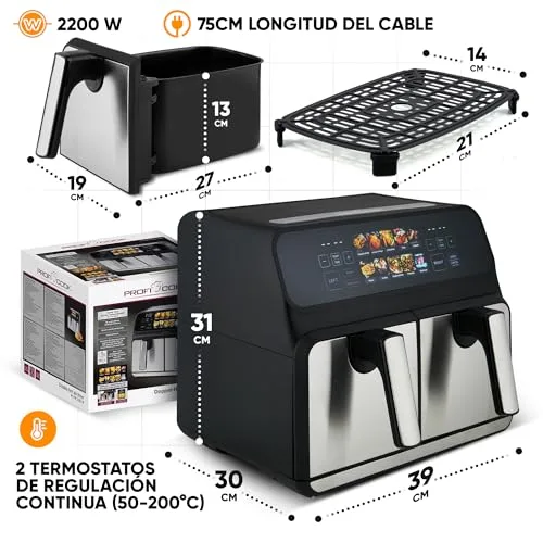 Profi Cook ▫️ Proficook, Fritadeira de Ar Quente com Dois Compartimentos de 8 L PC-FR1287H, 2 Recipientes de 4 L, Aço Inoxidável, 9 Programas Automáticos, Poupança de Energia, Desligamento Automático, Fritadeira de Ar 7