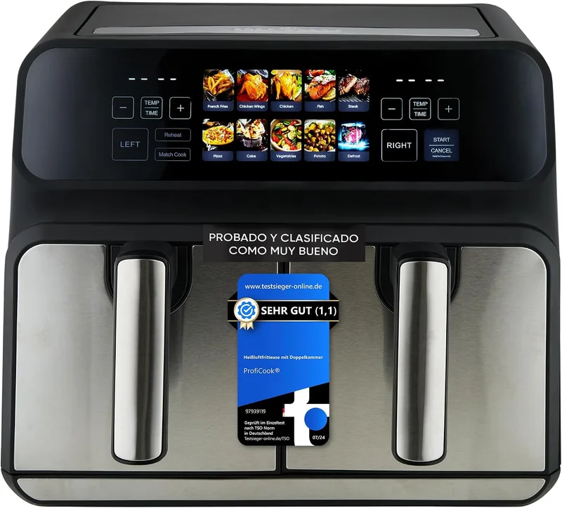 Profi Cook ▫️ Proficook, Fritadeira de Ar Quente com Dois Compartimentos de 8 L PC-FR1287H, 2 Recipientes de 4 L, Aço Inoxidável, 9 Programas Automáticos, Poupança de Energia, Desligamento Automático, Fritadeira de Ar