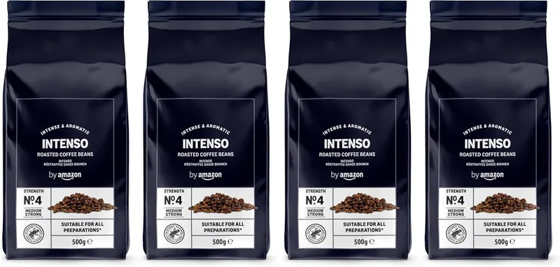 by Amazon ▫️ da Amazon - Café em grão natural Caffè Intenso, torra clara, com cafeína, 500 g, (embalagem de 4), certificado pela Rainforest Alliance
