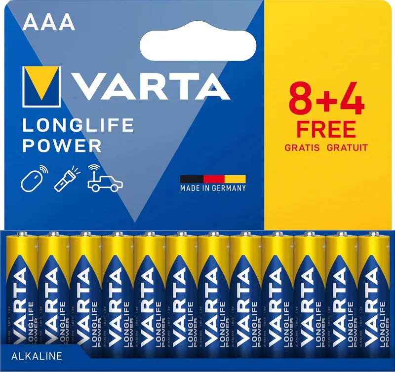 Varta ▫️ Pilhas AAA, embalagem de 12 (8+4), Longlife Power, alcalinas, 1,5 V