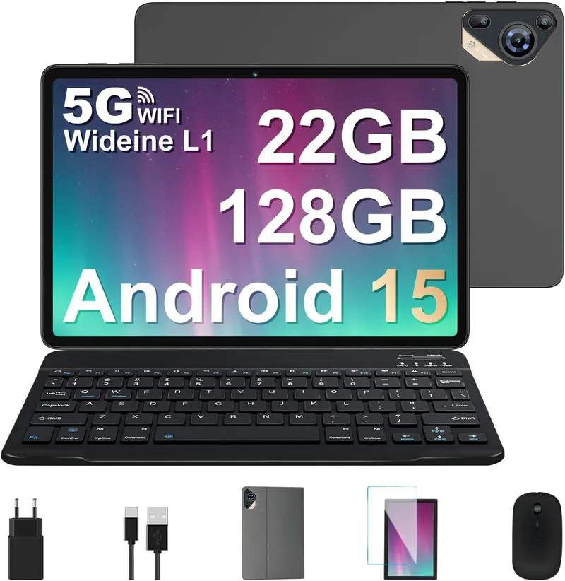 SKYEGG ▫️ Tablet de 10 polegadas com Android 15 e Gemini AI, 22 GB de RAM + 128 GB de ROM (expansível até 2 TB), tablet com teclado e rato, Widevine L1, Wi-Fi 5G, bateria de 8000 mAh, Ecrã IPS HD, estrutura metálica – cinzento espacial