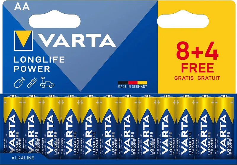 Varta ▫️ Pilhas AA, embalagem de 12 (8+4), Longlife Power, alcalinas, 1,5 V
