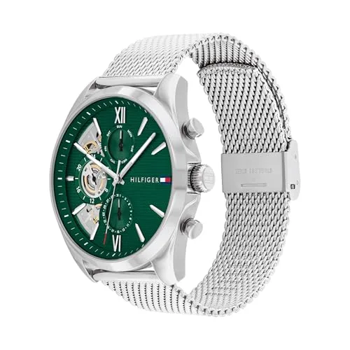 Tommy Hilfiger ▫️ Relógio analógico multifunções de quartzo para homem, com bracelete em malha de aço inoxidável e pele 2