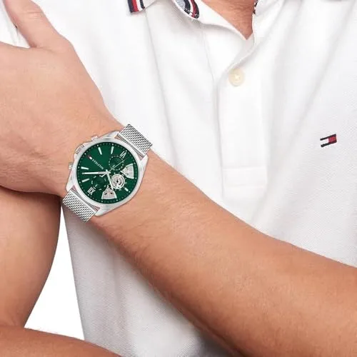 Tommy Hilfiger ▫️ Relógio analógico multifunções de quartzo para homem, com bracelete em malha de aço inoxidável e pele 4