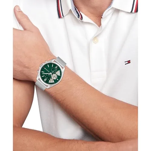 Tommy Hilfiger ▫️ Relógio analógico multifunções de quartzo para homem, com bracelete em malha de aço inoxidável e pele 5