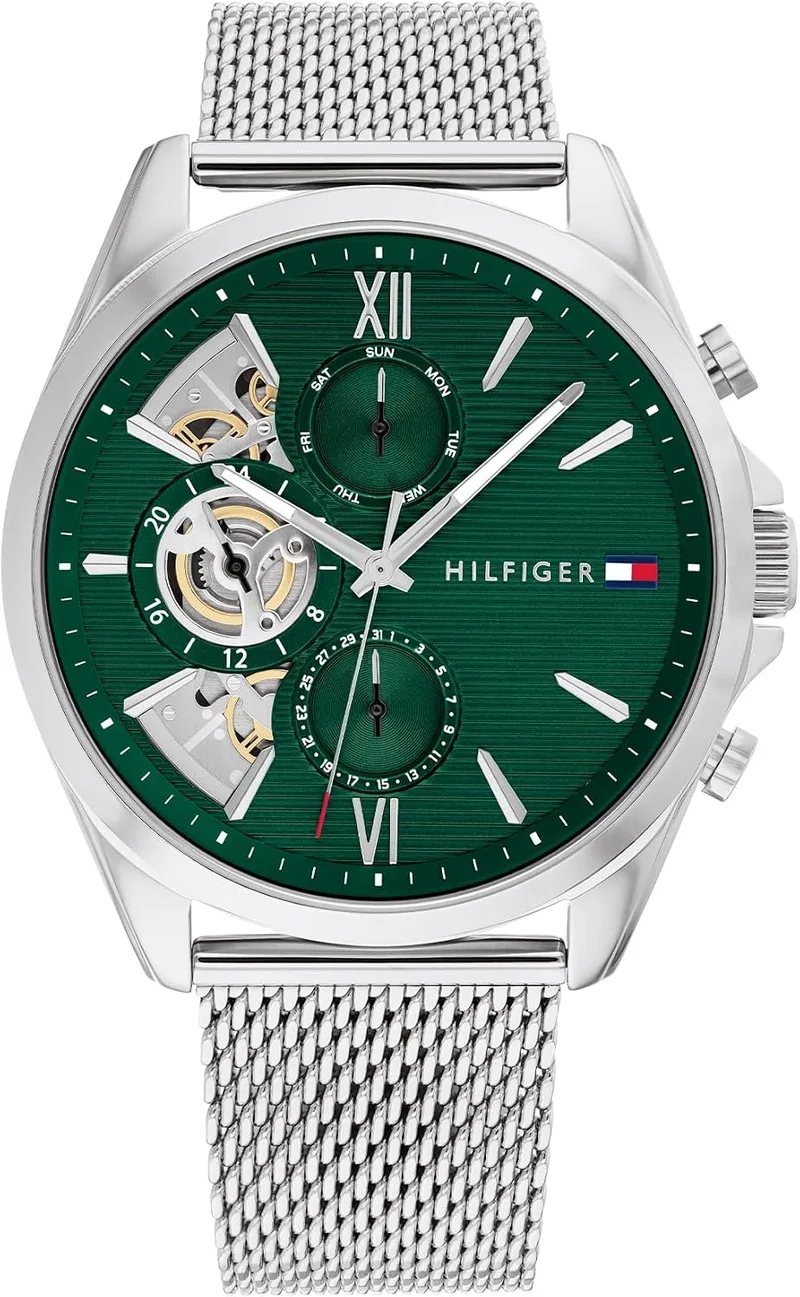 Tommy Hilfiger ▫️ Relógio analógico multifunções de quartzo para homem, com bracelete em malha de aço inoxidável e pele