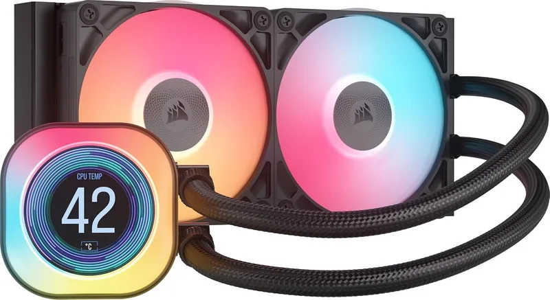 Corsair ▫️ iCUE Link Titan 240 RX LCD – Sistema de arrefecimento líquido para CPU – Motor de refrigeração FlowDrive – Intel LGA 1851/1700, AMD AM5/AM4 – 2 ventoinhas RX120 RGB – Hub iCUE Link incluído – Preto