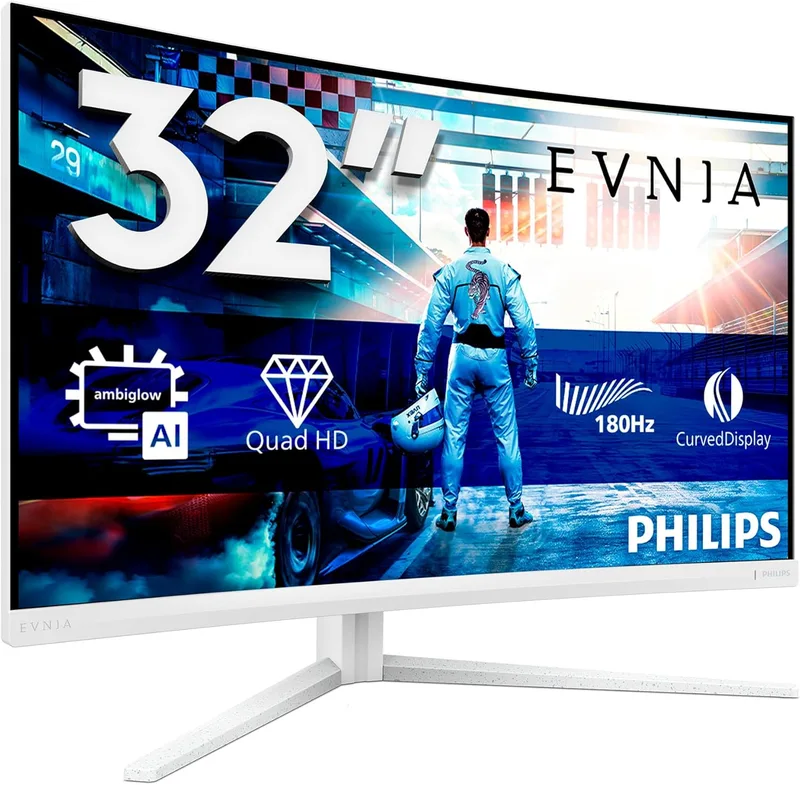 Philips ▫️ EVNIA 32M2C5501 Monitor para jogos 32" QHD curvo 180Hz, WLED, 1ms GtG, Fast VA, HDR10, Adaptive Sync, FreeSync Premium, ajustável em altura (2560x1440, 2X HDMI 2.0, 1x DP 1.4) Branco