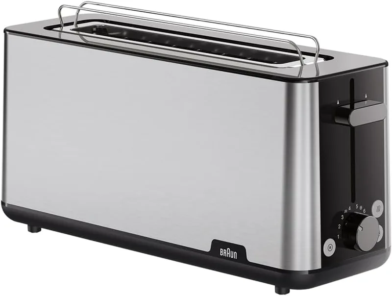 Braun ▫️ PurShine HT1610BK, torradeira com ranhura extra longa e 8 níveis de tostagem, funções de reaquecimento e descongelação, tabuleiro para migalhas, ranhura de 25 cm, potência 1030 W, cor preta