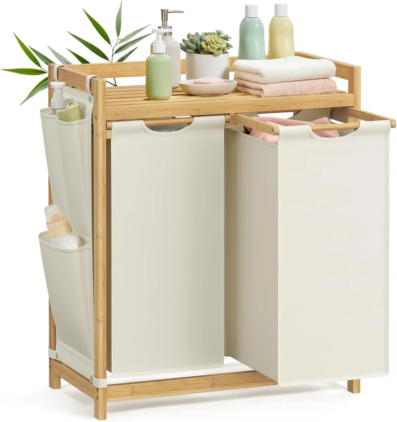 SONGMICS ▫️ Cesto para roupa suja em bambu, 2 compartimentos (100L), com prateleira e sacos amovíveis, 63,2 x 33 x 78 cm, para casa de banho, branco creme RLH100W01
