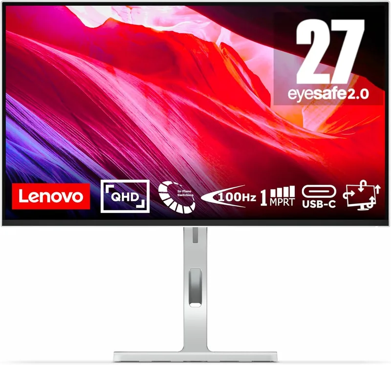 Lenovo ▫️ L27h-4A - Monitor QHD de 27" (IPS, 4 laterais ultrafinas, HDMI - DP - USB-C, 16:9, Taxa de atualização de 100 Hz, Tempo de resposta de 1 ms, Montagem VESA de 100 mm, Ajuste de inclinação/altura/rotação/giro) - Cinzento