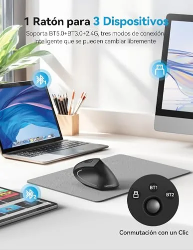 TECKNET ▫️ Rato Bluetooth ergonómico rato vertical sem fios recarregável (BT 5.0/3.0 + 2,4 GHz), 6 níveis de ajuste até 4800 dpi, rato ótico sem fios silencioso para Windows, Mac e portáteis 2