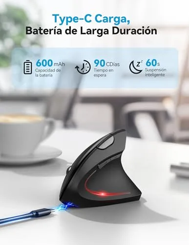 TECKNET ▫️ Rato Bluetooth ergonómico rato vertical sem fios recarregável (BT 5.0/3.0 + 2,4 GHz), 6 níveis de ajuste até 4800 dpi, rato ótico sem fios silencioso para Windows, Mac e portáteis 3