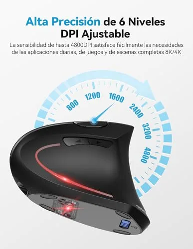 TECKNET ▫️ Rato Bluetooth ergonómico rato vertical sem fios recarregável (BT 5.0/3.0 + 2,4 GHz), 6 níveis de ajuste até 4800 dpi, rato ótico sem fios silencioso para Windows, Mac e portáteis 5