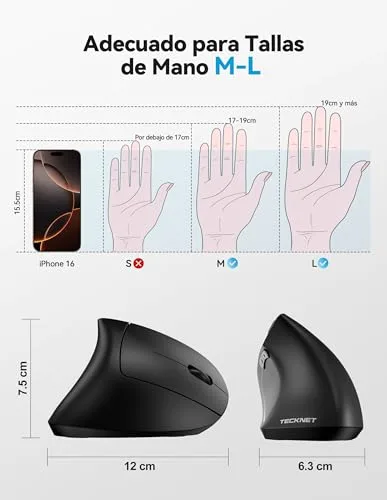 TECKNET ▫️ Rato Bluetooth ergonómico rato vertical sem fios recarregável (BT 5.0/3.0 + 2,4 GHz), 6 níveis de ajuste até 4800 dpi, rato ótico sem fios silencioso para Windows, Mac e portáteis 6