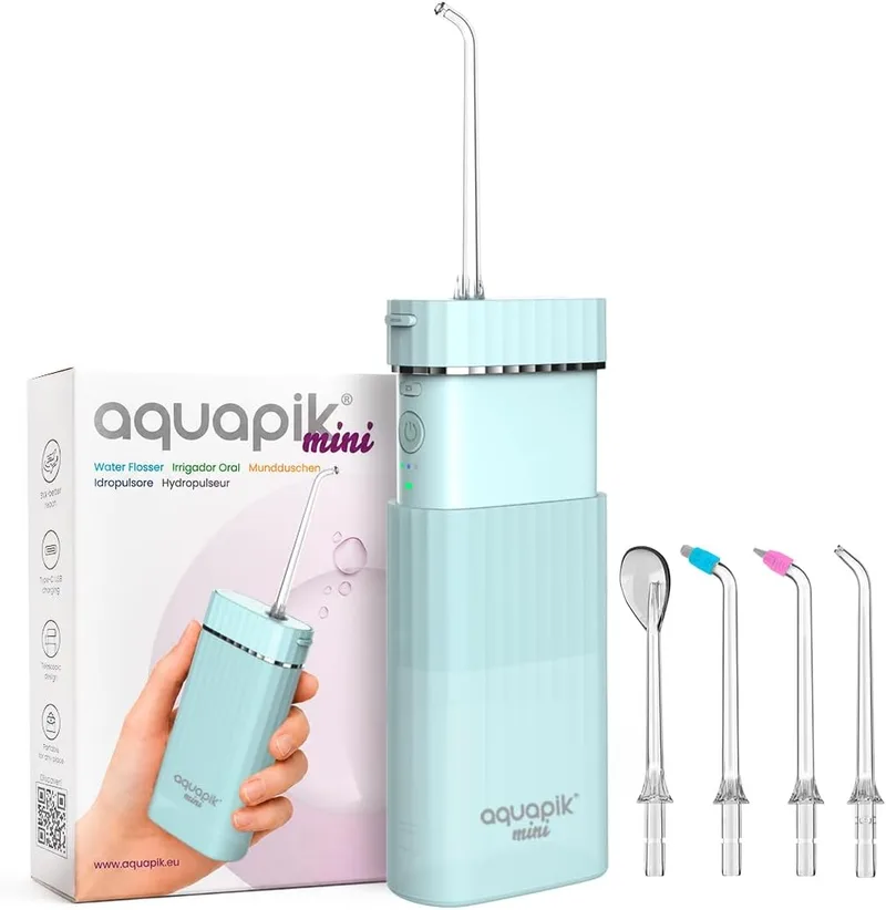 Boston Tech ▫️ Irrigador dentário portátil Aquapik Mini 140 ml | Irrigador dentário recarregável via USB tipo C | 3 modos de pressão | limpeza profunda | Ideal para gengivas sensíveis, ortodontia e implantes dentários (Azul)