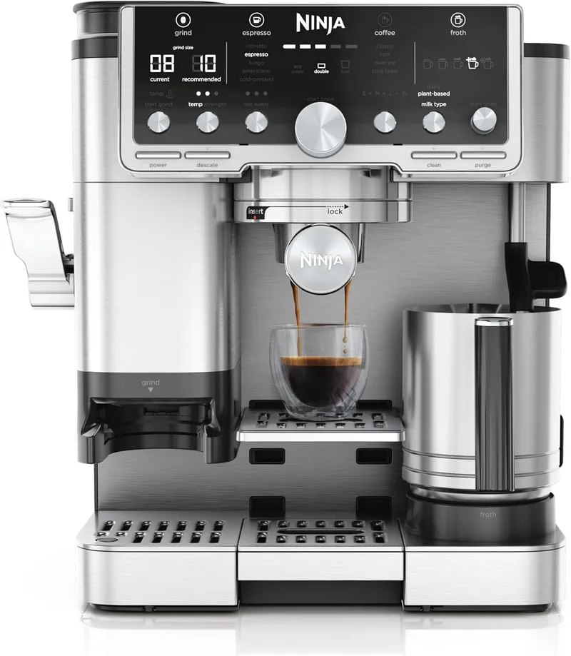 Ninja ▫️ Luxe Pro Máquina de Café 3 em 1 para Espresso, Cold Brew e Café de Filtro com Moinho e Espumador Integrados - 25 Níveis de Moagem e 5 Predefinições de Espuma - Prateado, ES701EU