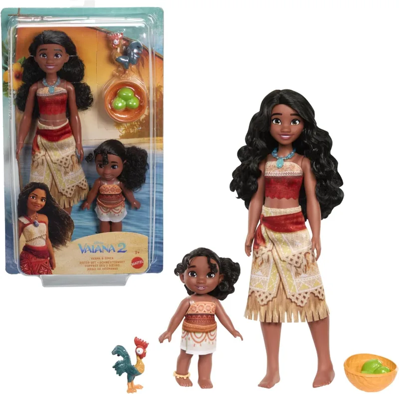 Mattel ▫️ Disney Vaiana 2 Toys, conjunto de 2 bonecas irmãs com fatos exclusivos, animal de estimação Heihei, acessórios de coco e cesto inspirado no filme, JBT66