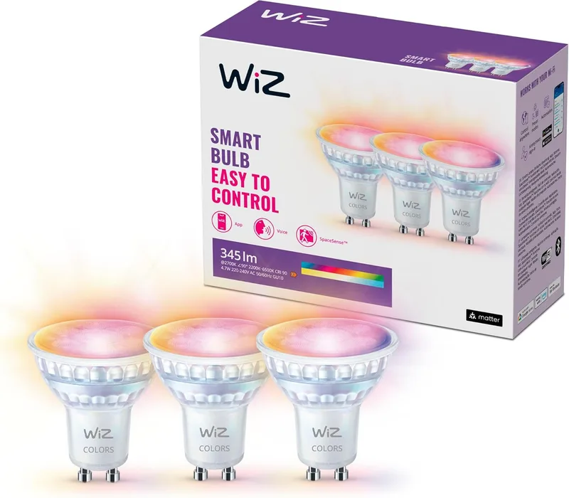 WiZ ▫️ Glass GU10 Smart LED Bulb - 50W, estilo clássico em vidro, com 16 milhões de cores, Wi-Fi/Bluetooth, controlo por voz/aplicação, compatível com Google Home, Alexa e HomeKit.