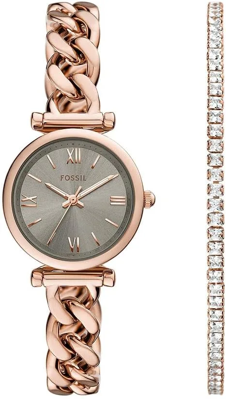 Fossil ▫️ Relógio Carlie para mulher, movimento de quartzo com três ponteiros em tom de ouro rosa e bracelete em aço inoxidável