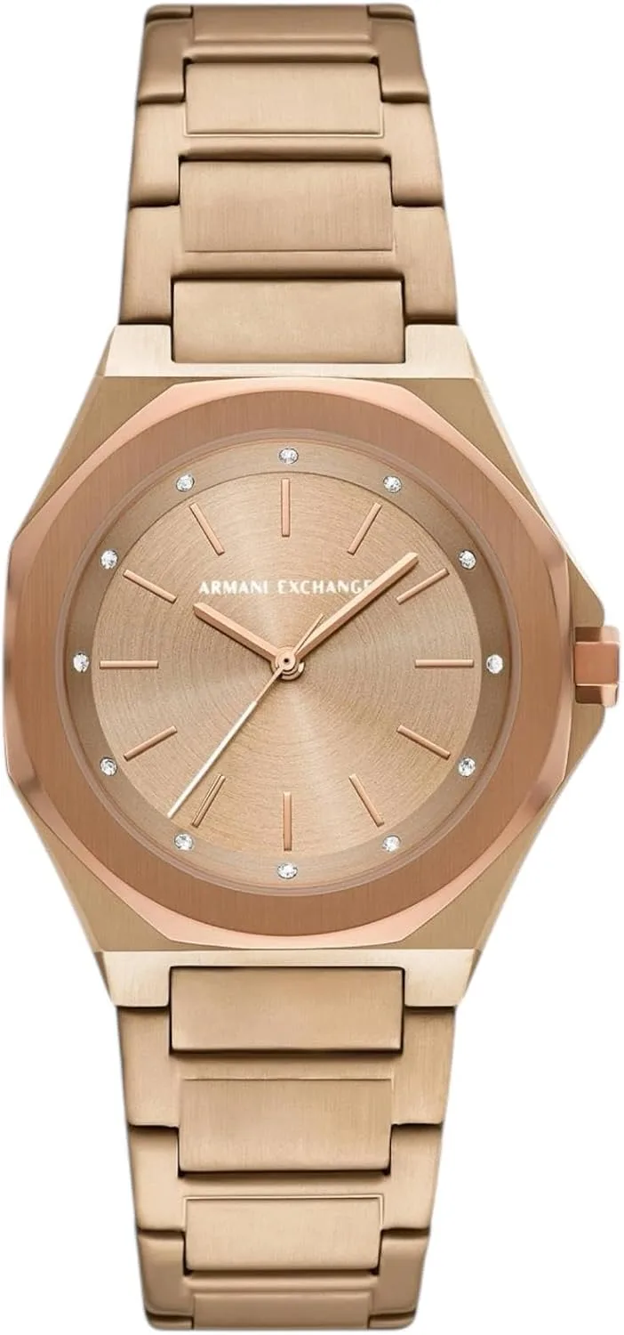 Armani Exchange ▫️ Relógio para mulher, movimento de quartzo com três ponteiros e caixa de 34 mm com bracelete em aço inoxidável ou couro