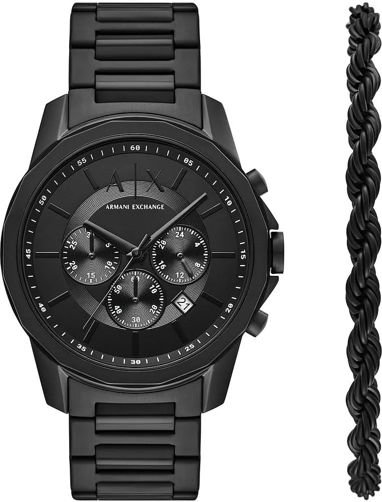 Armani Exchange ▫️ Relógio preto para homem, movimento cronógrafo de quartzo e caixa de 44 mm com bracelete em aço inoxidável