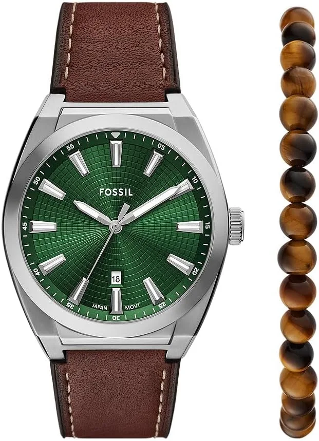 Fossil ▫️ Relógio Everett para homem, movimento de quartzo com data, três ponteiros e bracelete em pele ou aço