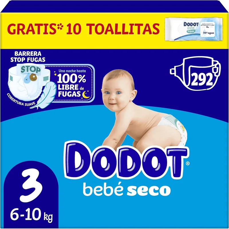DODOT ▫️ Baby-Dry Nappies, tamanho 3 (6-10 kg), 292 fraldas + oferta de 1 pacote de 10 fraldas Aqua Pure 99% Water, uma noite até 100% sem fugas, pacote mensal