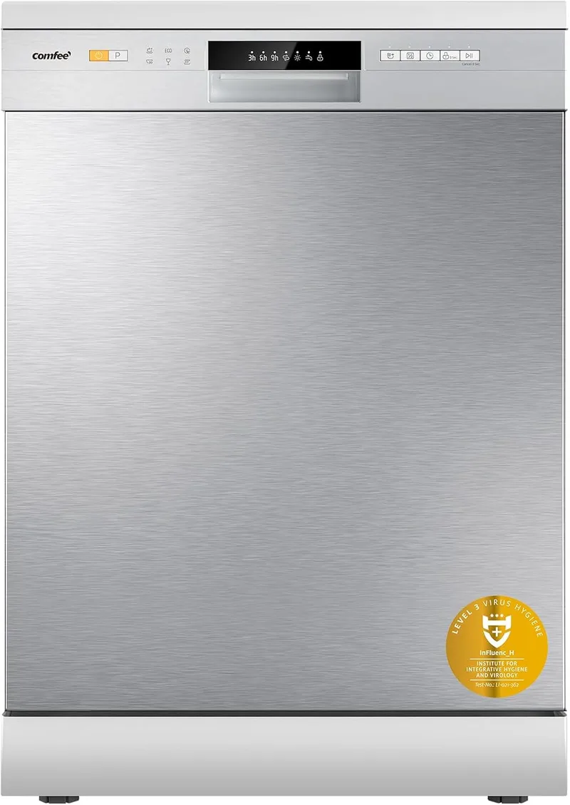 Comfee ▫️ ' CDWPF1201PS Máquina de lavar louça de instalação livre, 60 cm, 12 talheres, Início programável, Função de meia carga, 72 ℃ Lavagem higiénica, cestos flexíveis, aço inoxidável, 47 dB, controlo por botões