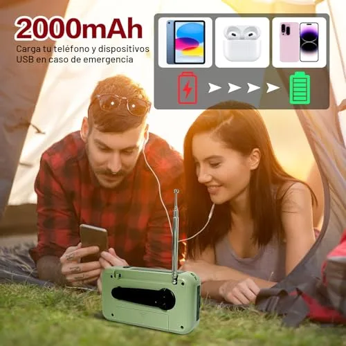 Gemmac ▫️ Rádio de emergência portátil, rádio de emergência FM/AM com recarga solar, rádios com dínamo e manivela, com lanterna LED e luz de leitura, powerbank de 2000 mAh, alarme SOS e porta USB para acampamento e atividades ao ar livre 2