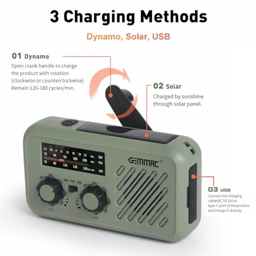 Gemmac ▫️ Rádio de emergência portátil, rádio de emergência FM/AM com recarga solar, rádios com dínamo e manivela, com lanterna LED e luz de leitura, powerbank de 2000 mAh, alarme SOS e porta USB para acampamento e atividades ao ar livre 3