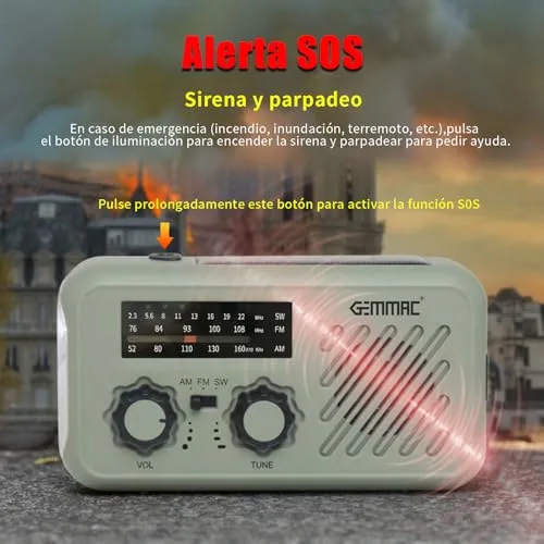 Gemmac ▫️ Rádio de emergência portátil, rádio de emergência FM/AM com recarga solar, rádios com dínamo e manivela, com lanterna LED e luz de leitura, powerbank de 2000 mAh, alarme SOS e porta USB para acampamento e atividades ao ar livre 6