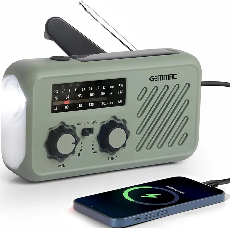 Gemmac ▫️ Rádio de emergência portátil, rádio de emergência FM/AM com recarga solar, rádios com dínamo e manivela, com lanterna LED e luz de leitura, powerbank de 2000 mAh, alarme SOS e porta USB para acampamento e atividades ao ar livre