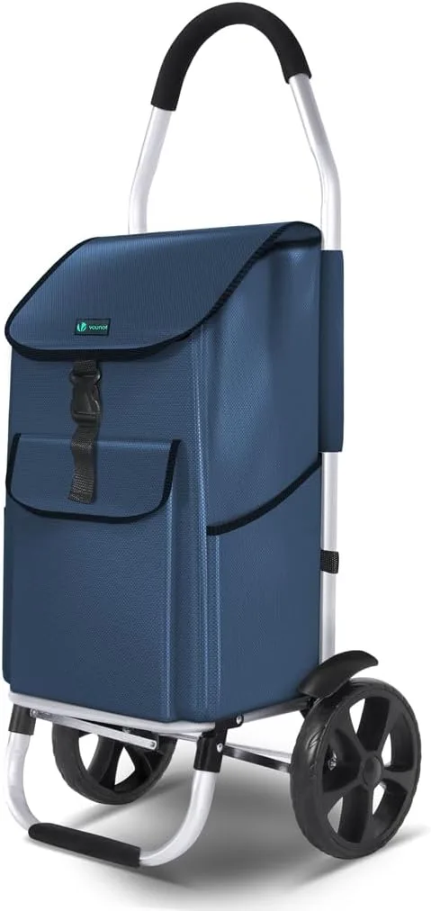 VOUNOT ▫️ Carrinho de compras dobrável de alumínio com 2 rodas, carrinho de compras 2 em 1 com saco de compras Oxford impermeável amovível, carrinho de compras com rodas e guarda-lamas, 58L, azul-marinho
