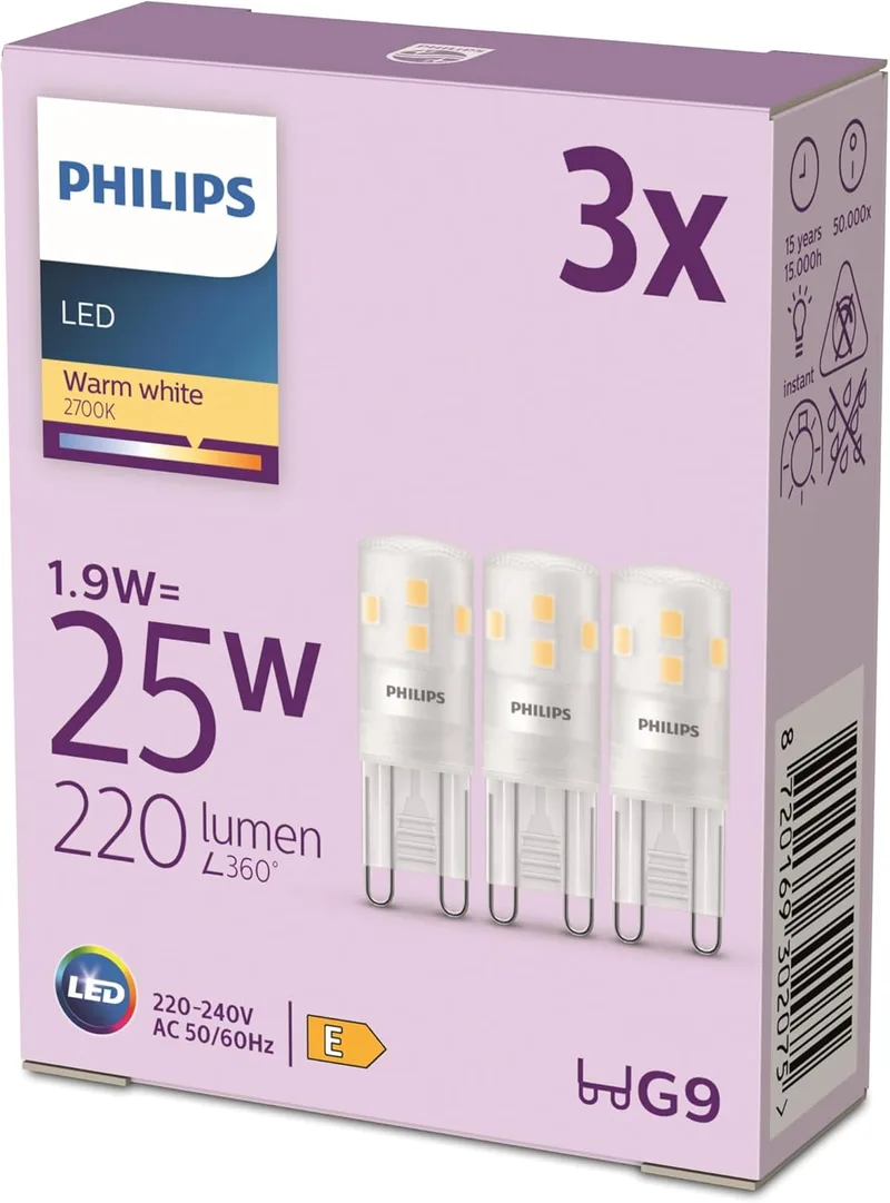 Philips ▫️ Lâmpada de cápsula LED G9 25 W, luz branca quente 2700K, 220 lm, 15.000 horas de vida, embalagem com 3 unidades