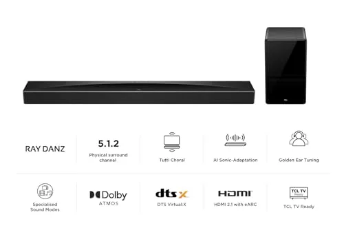 TCL ▫️ Q75H Barra de Som 5.1.2, 620 W, Subwoofer Sem Fios, Dolby Atmos, DTS Virtual:X, Ray Danz, HDMI eARC, AirPlay 2, Bluetooth 5.3, Tutti Choral 2