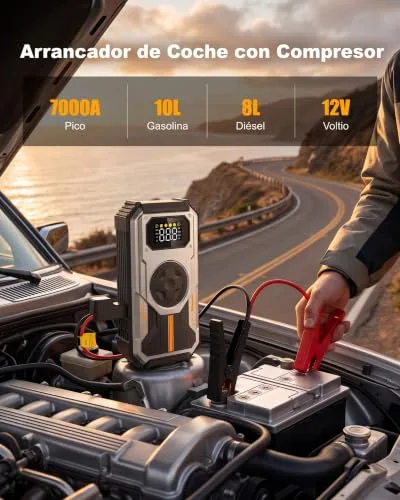 Eigotrav ▫️ Arrancador de baterias de automóvel 6000 A, compressor de ar 150 PSI, Booster de bateria 7 em 1 de 12 V (para 10 L de gasolina ou 8,5 L de gasóleo), arrancador de automóvel com ecrã LCD, lanterna LED, prata 2